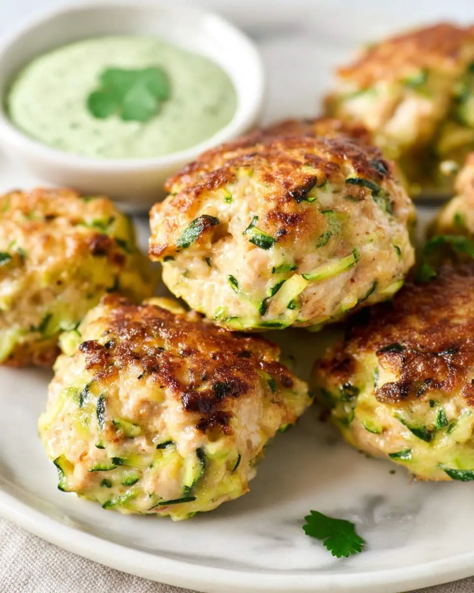 Chicken Zucchini Poppers 28 Golden brown Chicken Zucchini Poppers stacked on a white plate with creamy green dipping sauce.