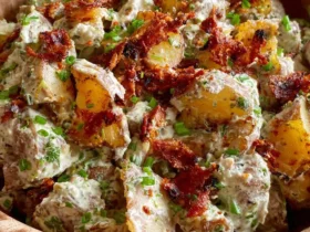 Chili Crisp Smashed Potato Salad topped with crispy bacon and fresh chives in a wooden bowl.