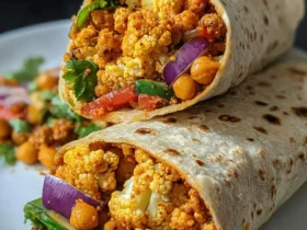 Two halves of a Chili Lime Chickpea Cauliflower Wrap stacked on a plate, showing roasted cauliflower, chickpeas, and fresh vegetables inside a tortilla.