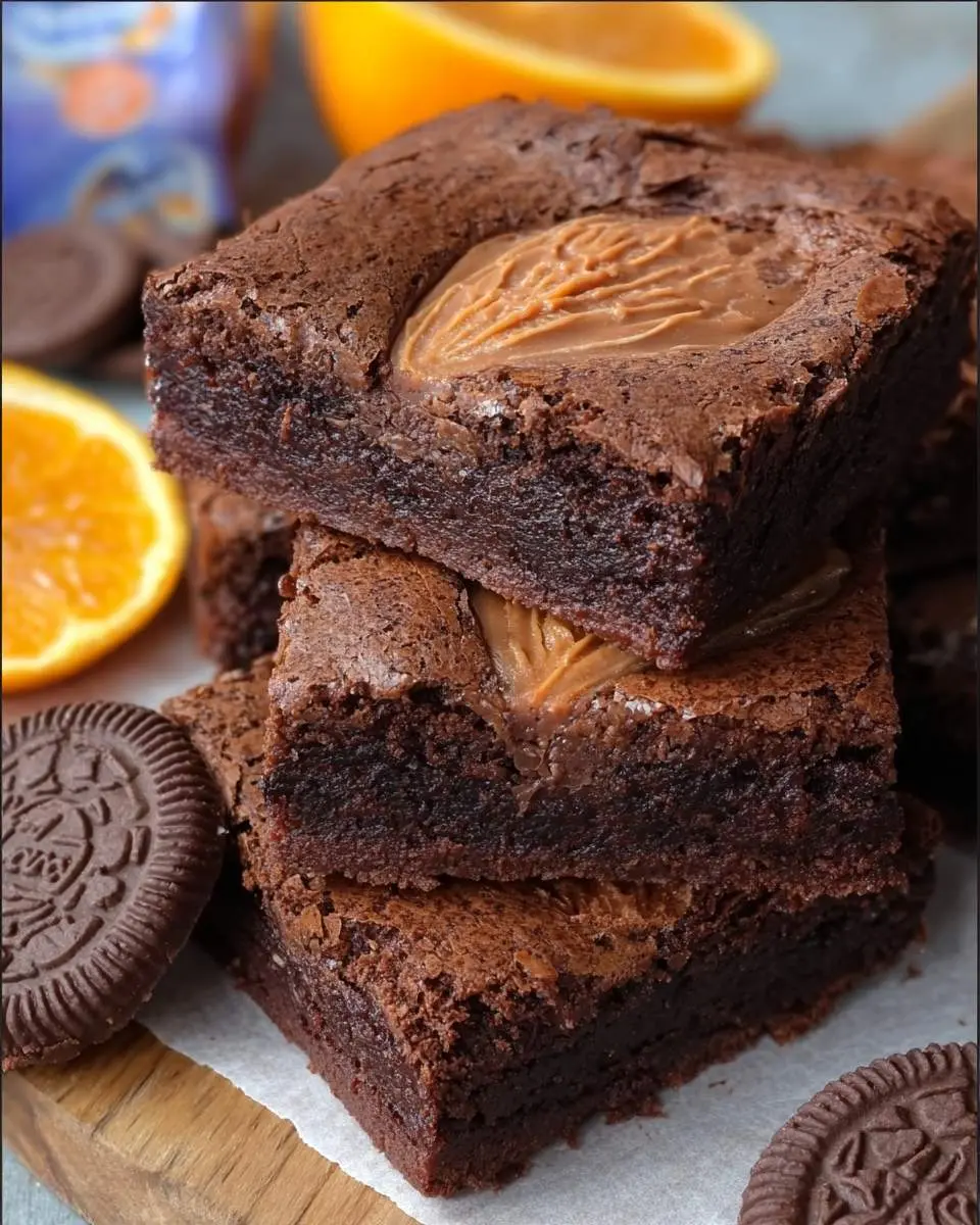 Stack of fudgy Chocolate Orange Brownies with orange cream filling, fresh orange slices, and chocolate cookies.