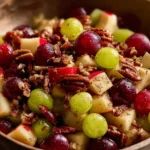 A bowl of Cinnamon Apple Grape Salad with red and green grapes, diced apples, and pecans sprinkled on top.