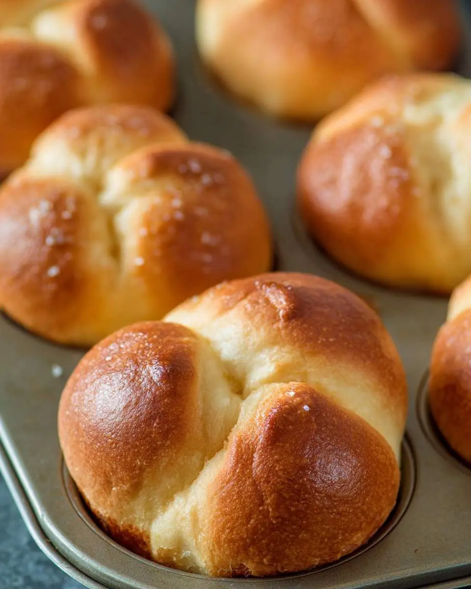 Cloverleaf Dinner Rolls 28 Golden brown Cloverleaf Dinner Rolls baked in a muffin tin, showing their classic three-section pull-apart shape.