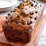 A freshly baked loaf of Coconut Chocolate Chip Banana Bread topped with chocolate chips sits on a wooden board.