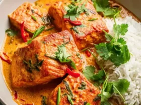 Coconut Curry Salmon served in a bowl with white rice, fresh cilantro, and red chili slices in a creamy orange sauce.
