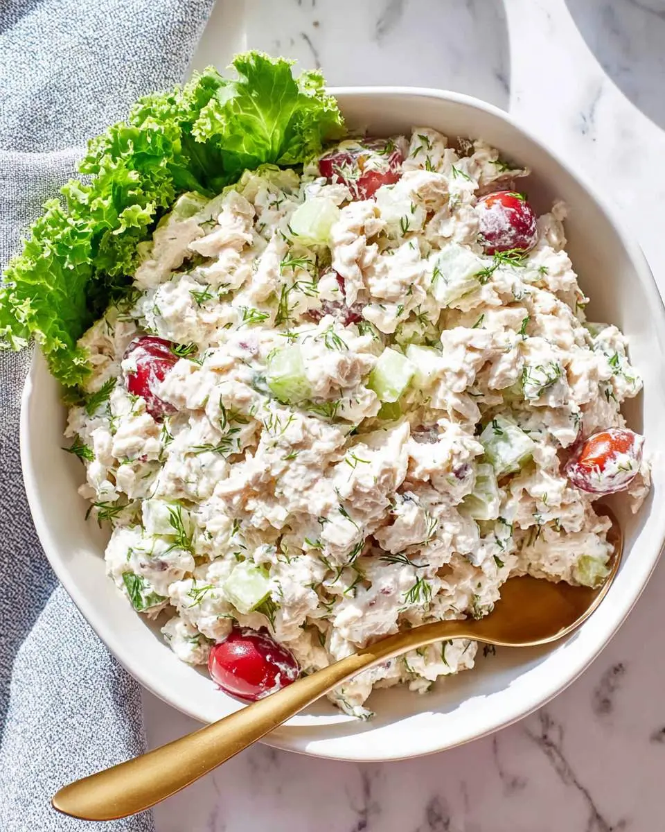 A bowl of creamy cottage cheese chicken salad with grapes, celery, dill, and lettuce garnish with a gold spoon.