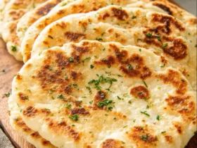 Golden brown Cottage Cheese Flatbread stacked on a wooden board, garnished with fresh herbs.