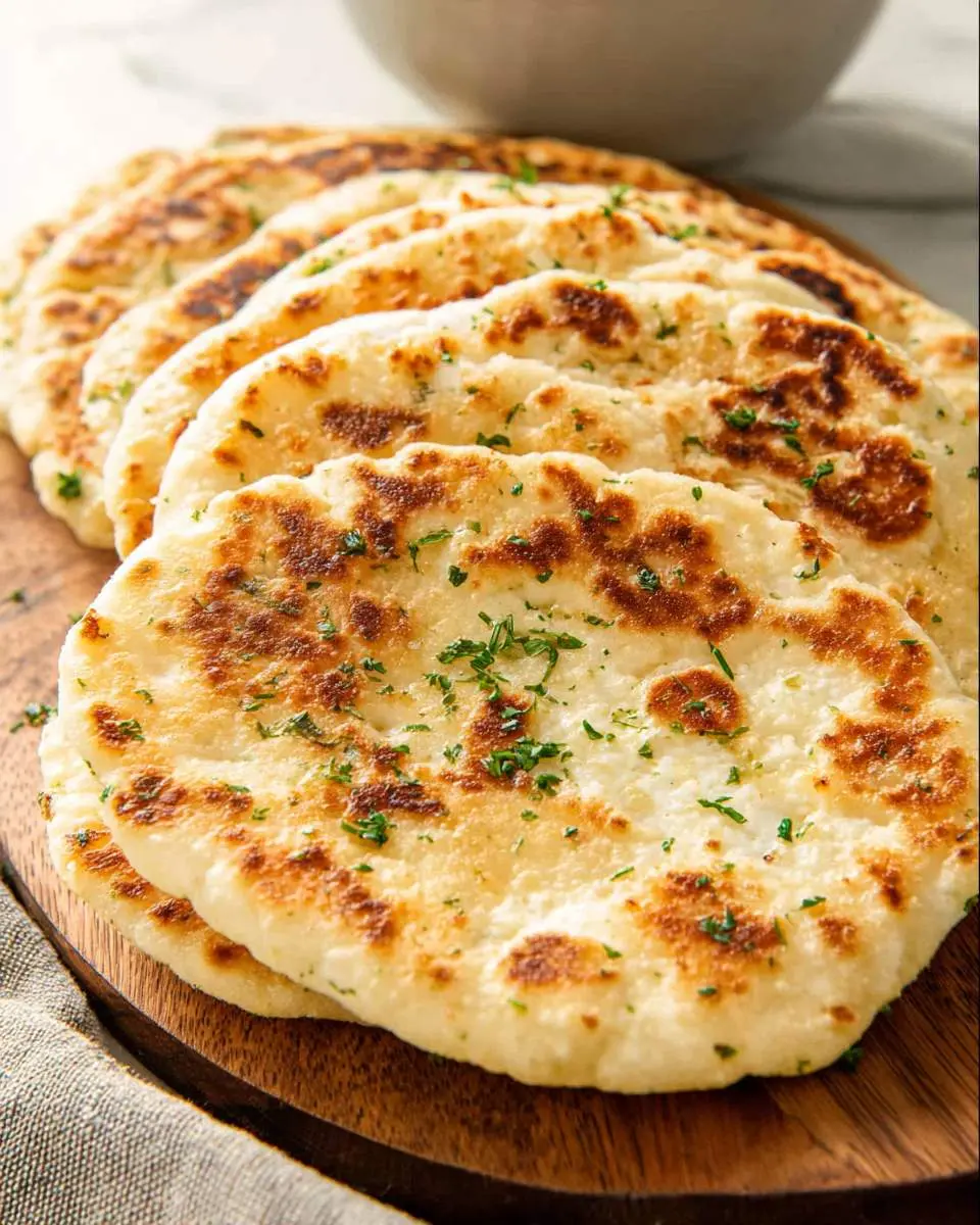 Golden brown Cottage Cheese Flatbread stacked on a wooden board, garnished with fresh herbs.