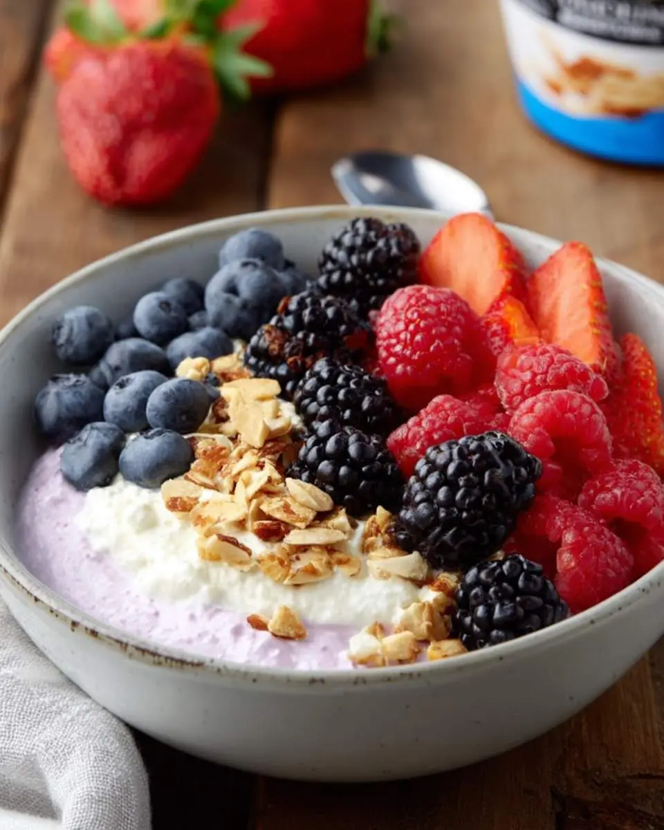 A Cottage Cheese–Berry Bowl topped with fresh blueberries, blackberries, raspberries, strawberries, and crunchy almonds.