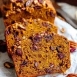 Sliced Cranberry Pecan Pumpkin Bread on parchment paper showing moist texture with cranberries and pecans throughout.