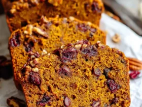 Sliced Cranberry Pecan Pumpkin Bread on parchment paper showing moist texture with cranberries and pecans throughout.