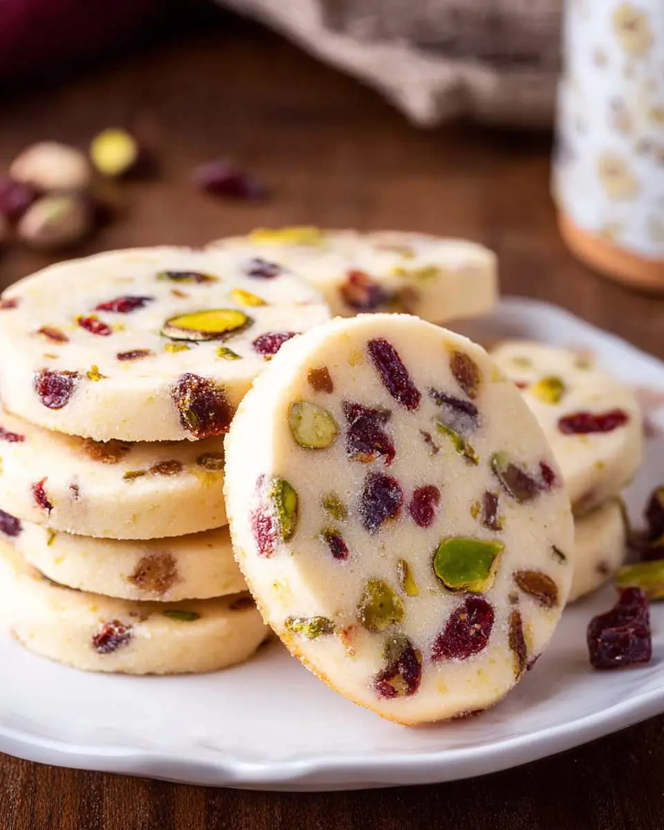 Stack of round Cranberry Pistachio Shortbread cookies on a white plate, showing colorful dried cranberries and green pistachio pieces throughout the buttery dough.
