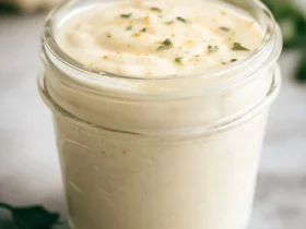 Creamy Cauliflower Sauce in a glass jar topped with fresh herbs and spices on a marble surface.