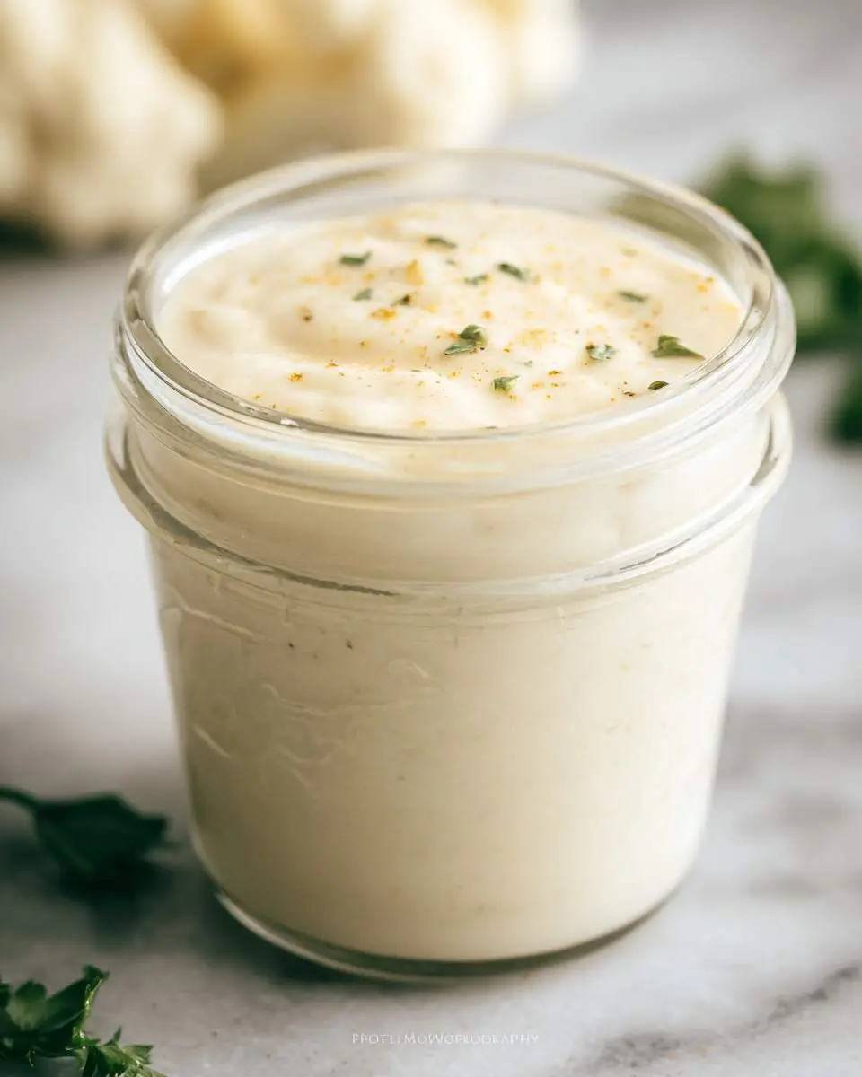 Creamy Cauliflower Sauce in a glass jar topped with fresh herbs and spices on a marble surface.