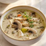 A bowl of Creamy Chicken And Mushroom Soup topped with fresh thyme, featuring tender chicken, sliced mushrooms, and vegetables in a rich broth.