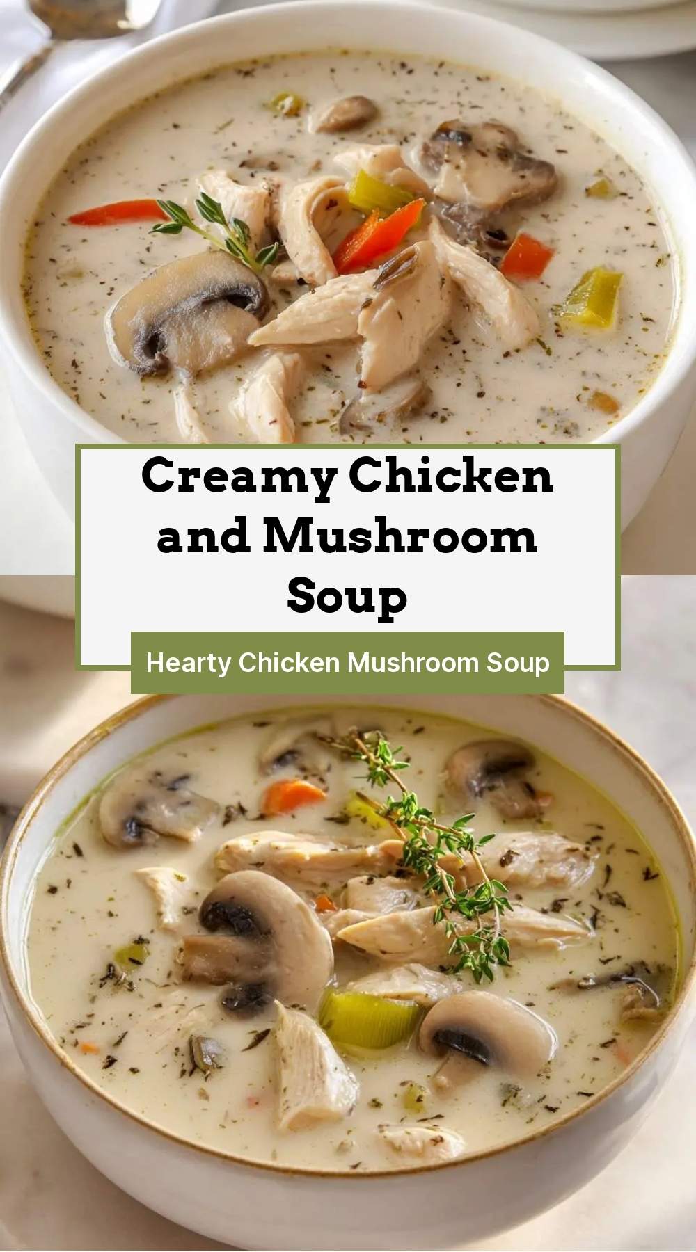 finished creamy soup in a rustic bowl with fresh thyme garnish