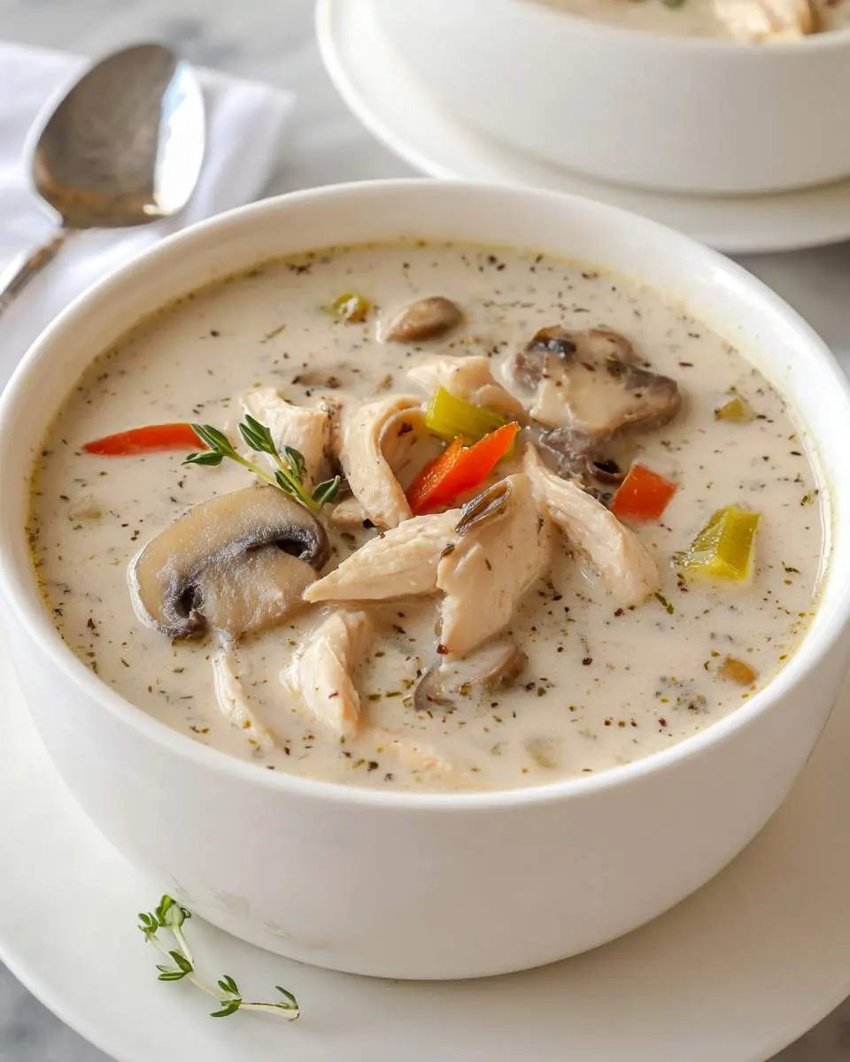 creamy soup being ladled into a white bowl with crusty bread alongside