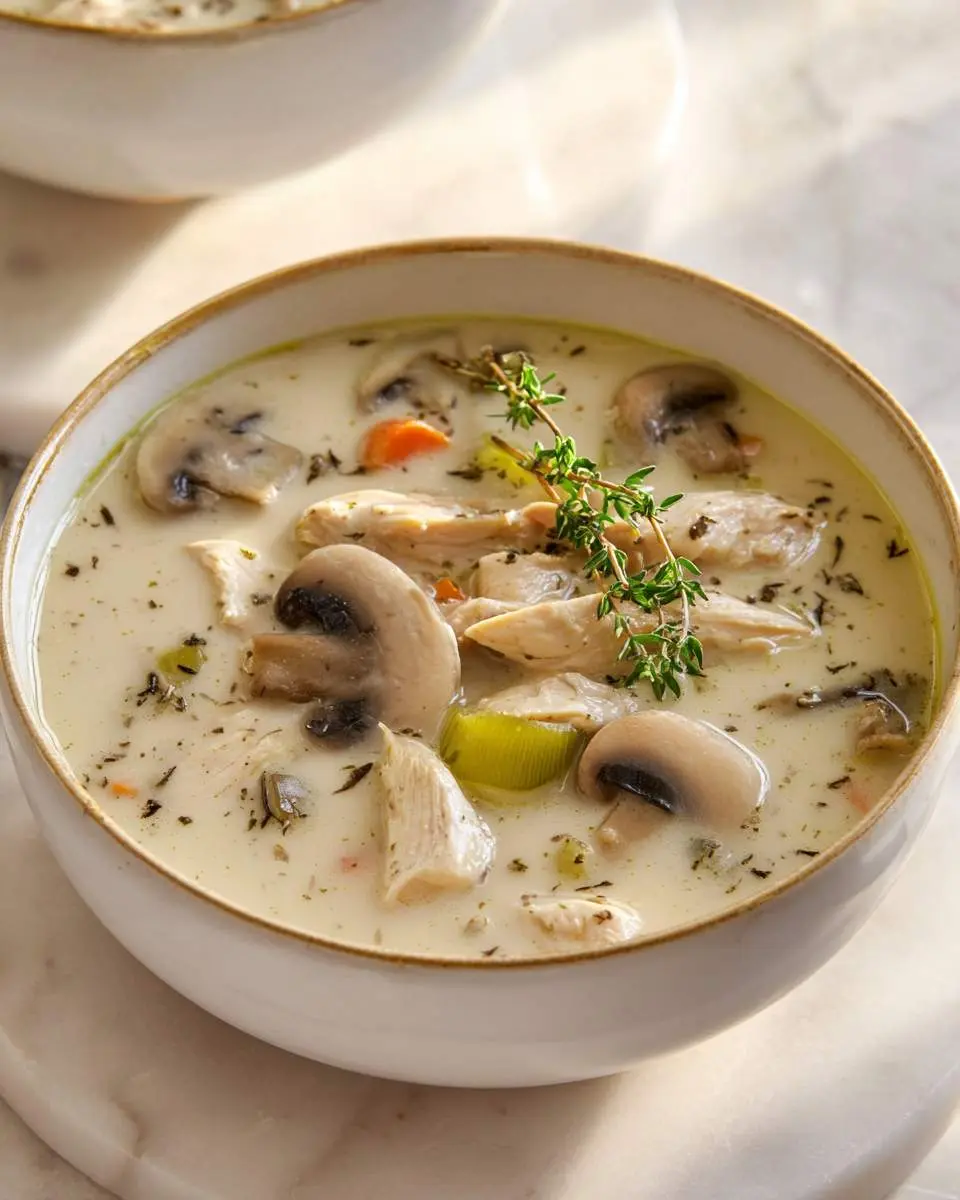 A bowl of Creamy Chicken And Mushroom Soup topped with fresh thyme, featuring tender chicken, sliced mushrooms, and vegetables in a rich broth.
