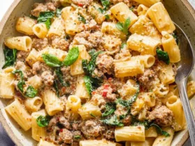A bowl of creamy Italian sausage pasta with rigatoni, fresh basil, and grated cheese.