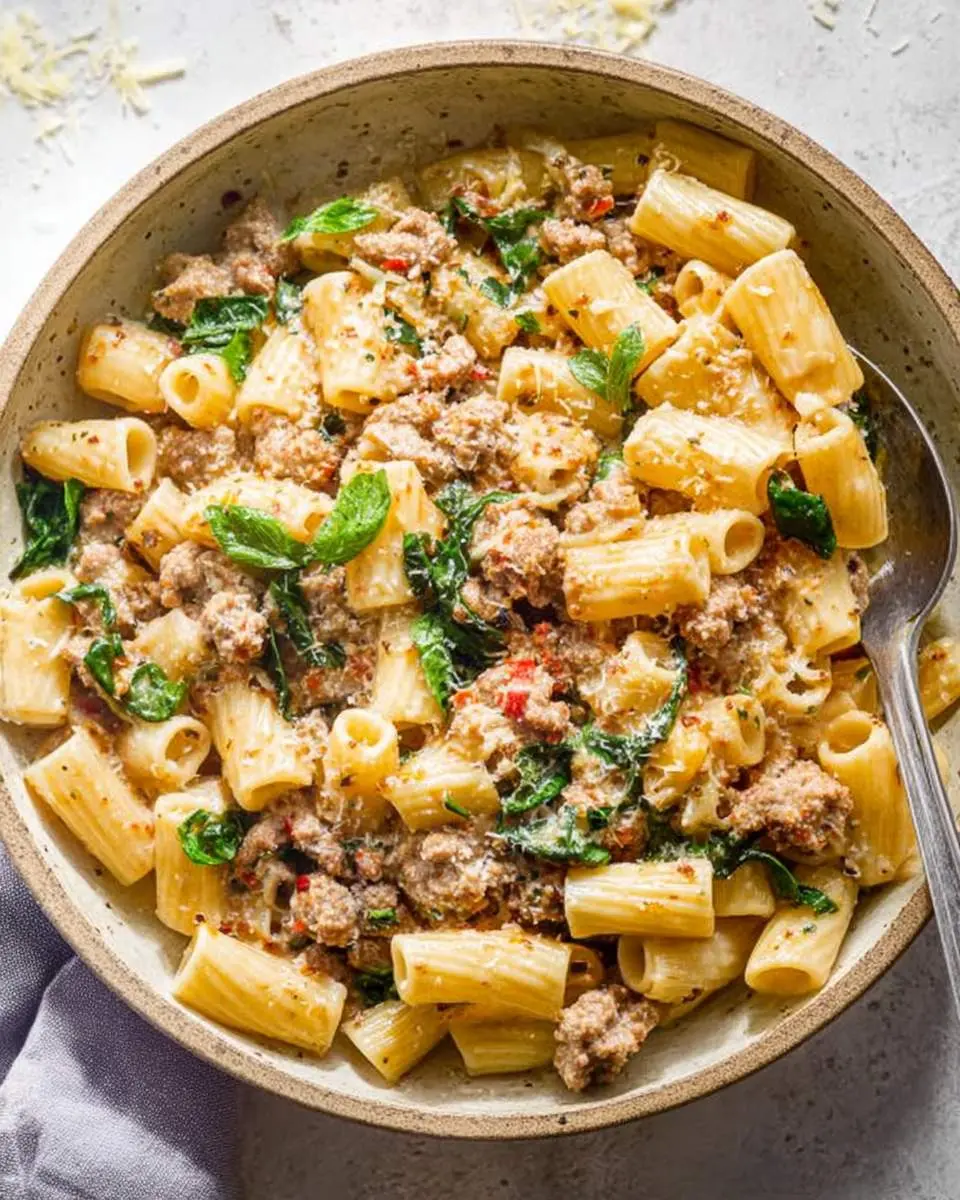 A bowl of creamy Italian sausage pasta with rigatoni, fresh basil, and grated cheese.