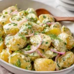 A bowl of creamy potato salad with pickles, garnished with fresh dill, red onion slices, and herbs.