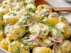 A bowl of creamy potato salad with pickles, garnished with fresh dill, red onion slices, and herbs.