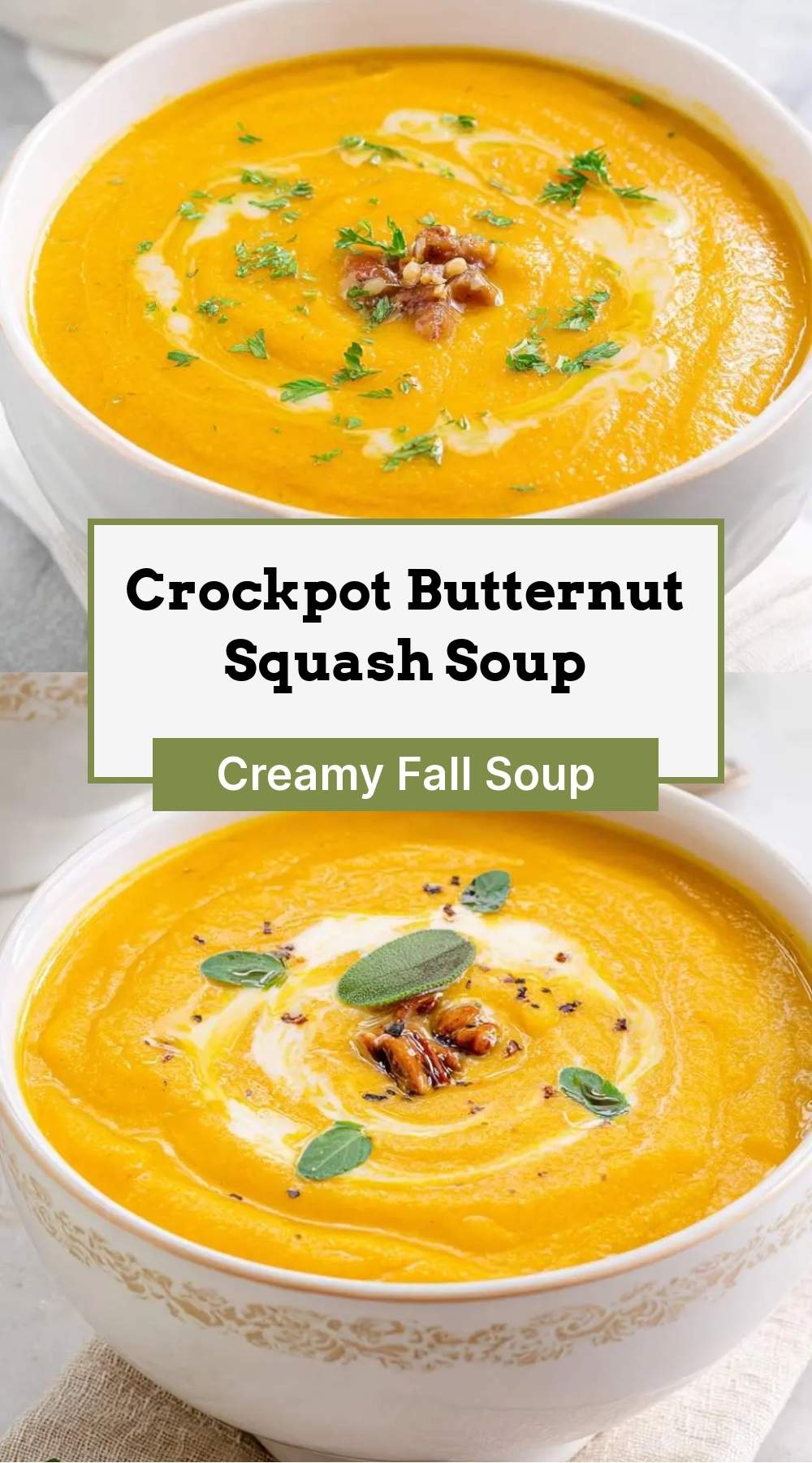 finished butternut squash soup in a white bowl with roasted seeds on top