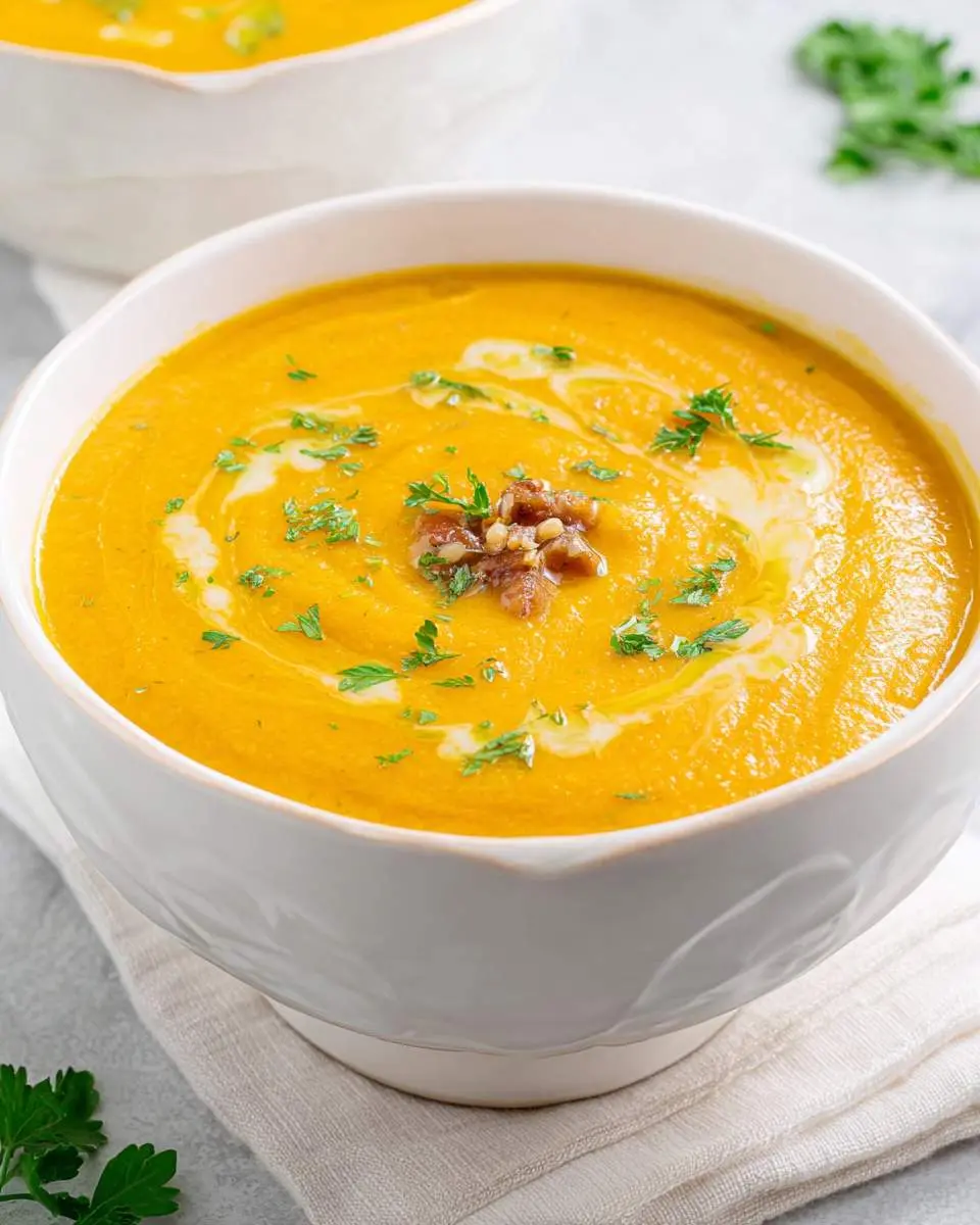 blended orange soup in a slow cooker with wooden ladle