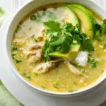 A bowl of Crockpot Green Enchilada Chicken Soup topped with avocado slices, cilantro, and sour cream.