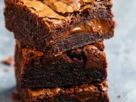 Stack of three rich, fudgy Eggless Nutella Brownies with a glossy, crackly top and melted chocolate swirls.