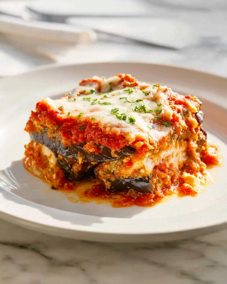 layered eggplant slices with melted cheese and tomato sauce