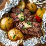 Juicy Garlic Butter Steak and Potato Foil Packets with tender beef, baby potatoes, and fresh herbs wrapped in foil.
