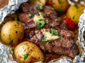 Juicy Garlic Butter Steak and Potato Foil Packets with tender beef, baby potatoes, and fresh herbs wrapped in foil.