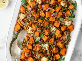Garlic Sweet Potato Lentil Salad served on a white platter with fresh herbs, red onion, and halloumi cheese.