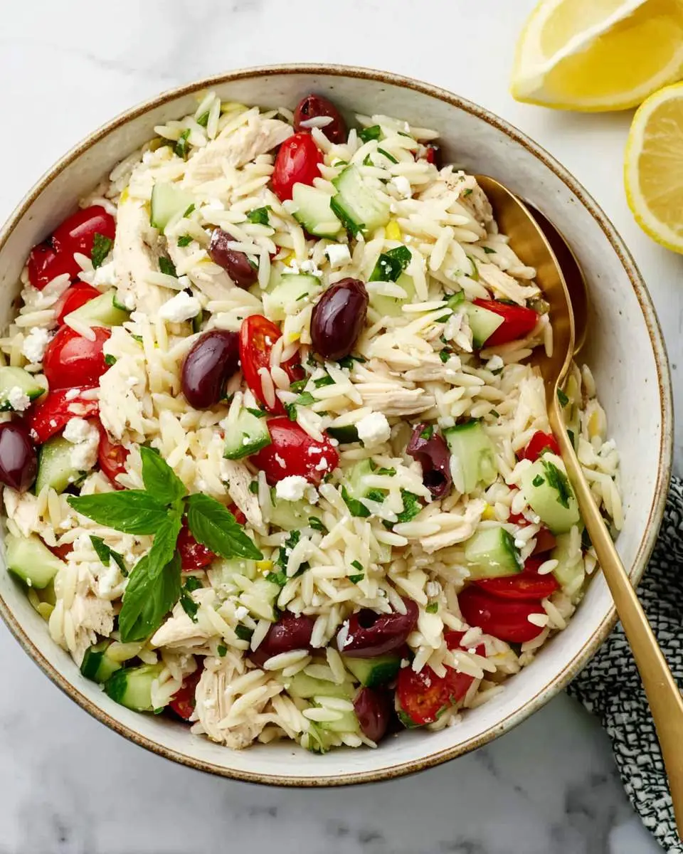 Greek Lemon Chicken Orzo Salad 28 A bowl of Greek Lemon Chicken Orzo Salad with tomatoes, cucumbers, olives, feta, and fresh herbs.