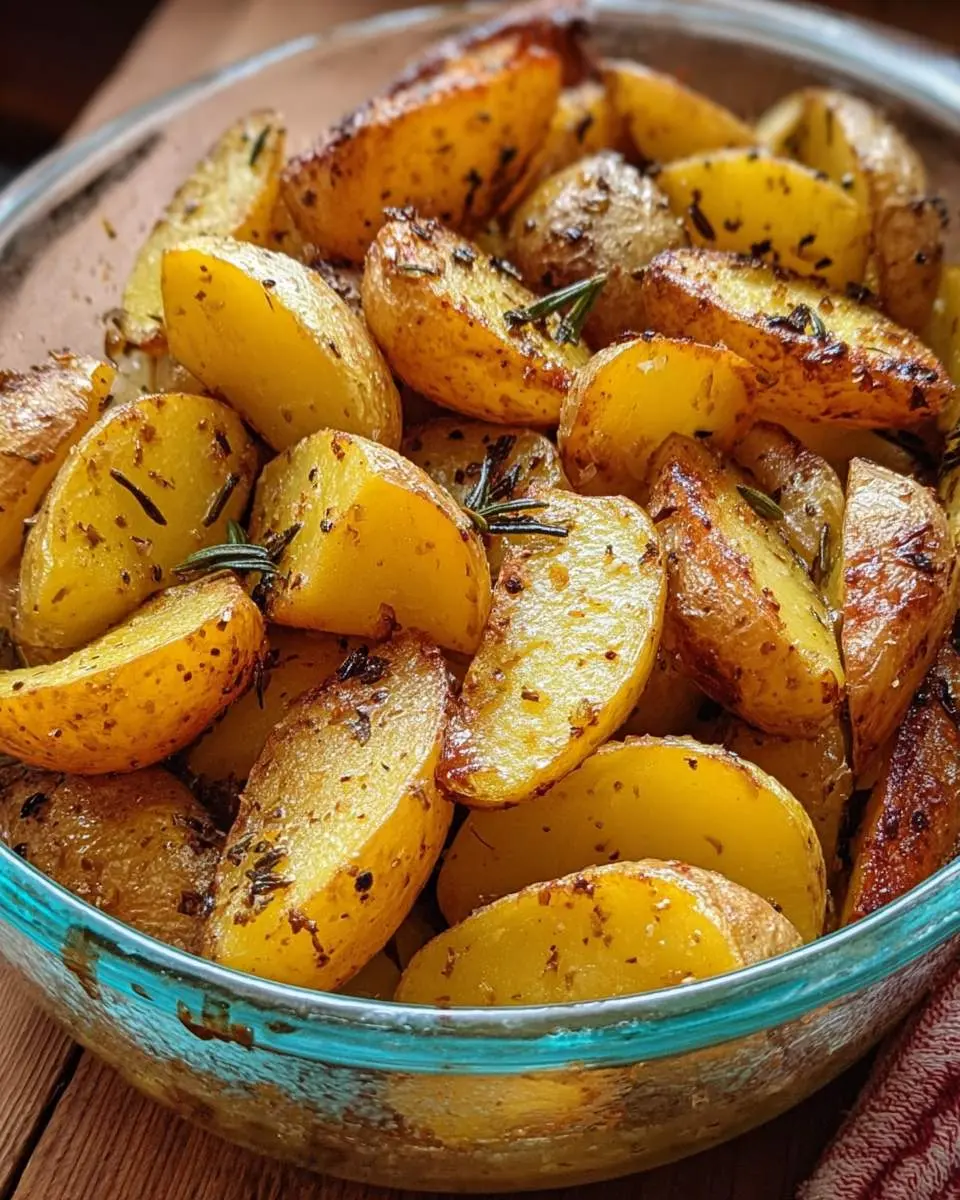 Greek Lemon Potatoes 26 golden roasted potato wedges in a ceramic baking dish with herbs