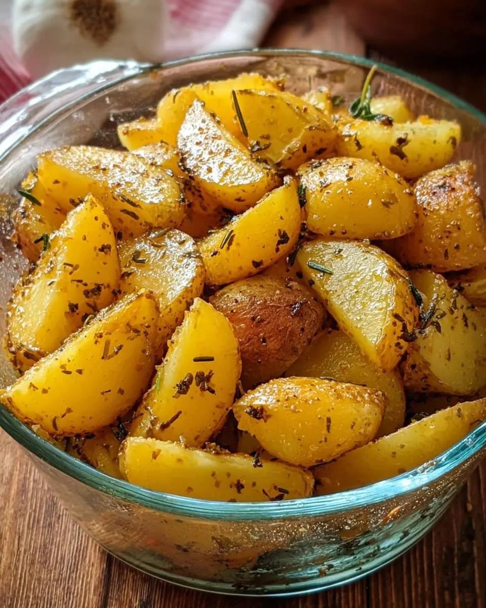 Greek Lemon Potatoes 28 Golden roasted Greek Lemon Potatoes seasoned with herbs in a clear glass bowl on a wooden surface.