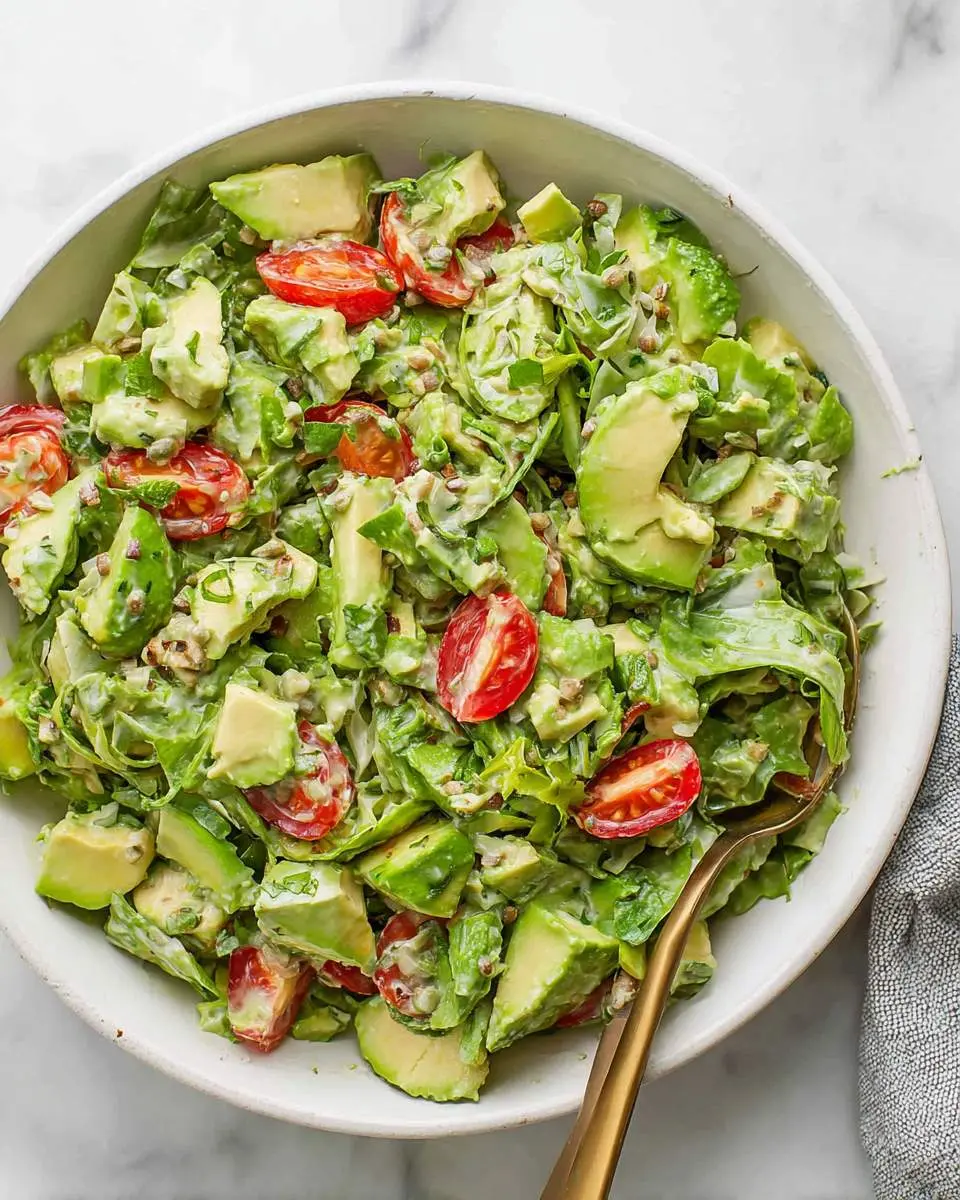 Green Goddess Avocado Salad ingredients and preparation with fresh herbs and ripe avocado