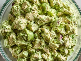 A glass bowl filled with creamy green goddess chicken salad featuring chunks of chicken and avocado.