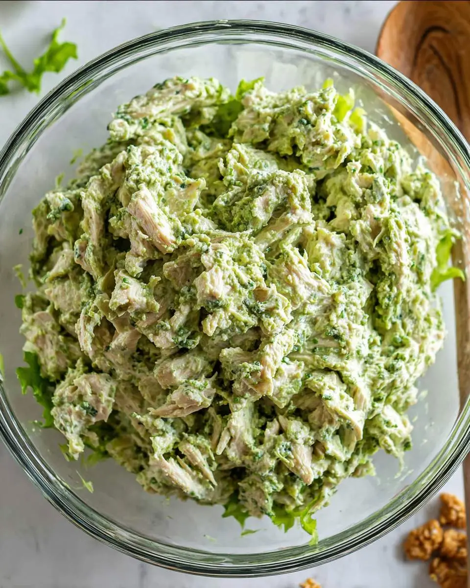 mixed green goddess chicken salad in a bowl with fresh herbs on top