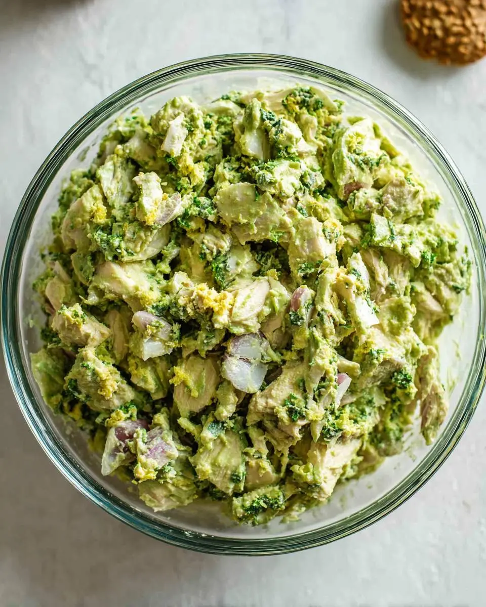 fresh green goddess chicken salad ingredients arranged on a cutting board with herbs and avocado