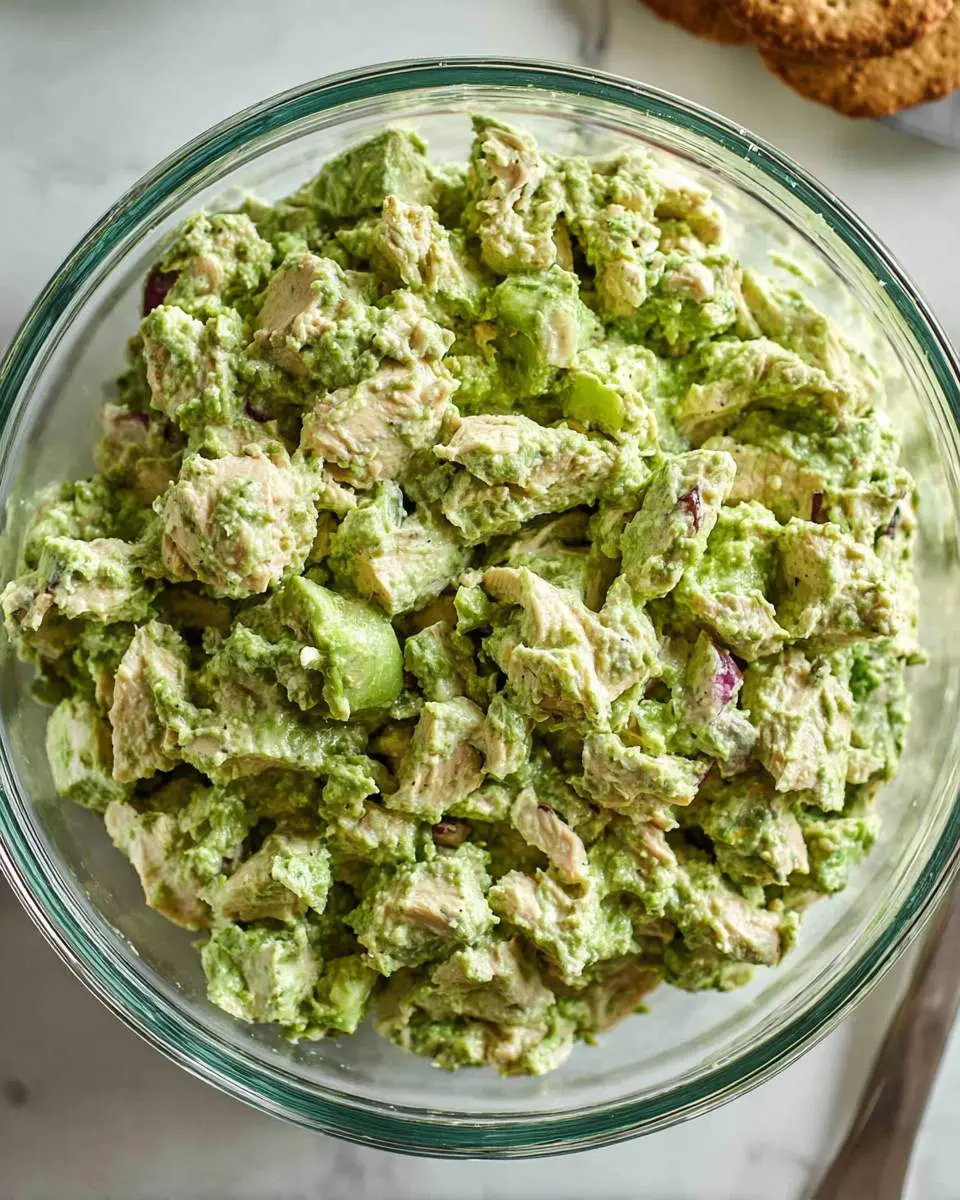 A glass bowl filled with creamy green goddess chicken salad featuring chunks of chicken and avocado.
