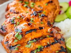 Grilled Honey Chipotle Chicken with char marks garnished with cilantro, served with rice and lime on a white plate.