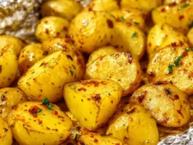 Golden Grilled Potatoes in Foil seasoned with herbs and spices, freshly cooked and ready to serve.