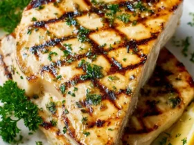 Grilled Swordfish 50 Two thick cuts of grilled swordfish with char marks, garnished with fresh herbs and lemon wedges on a white plate.