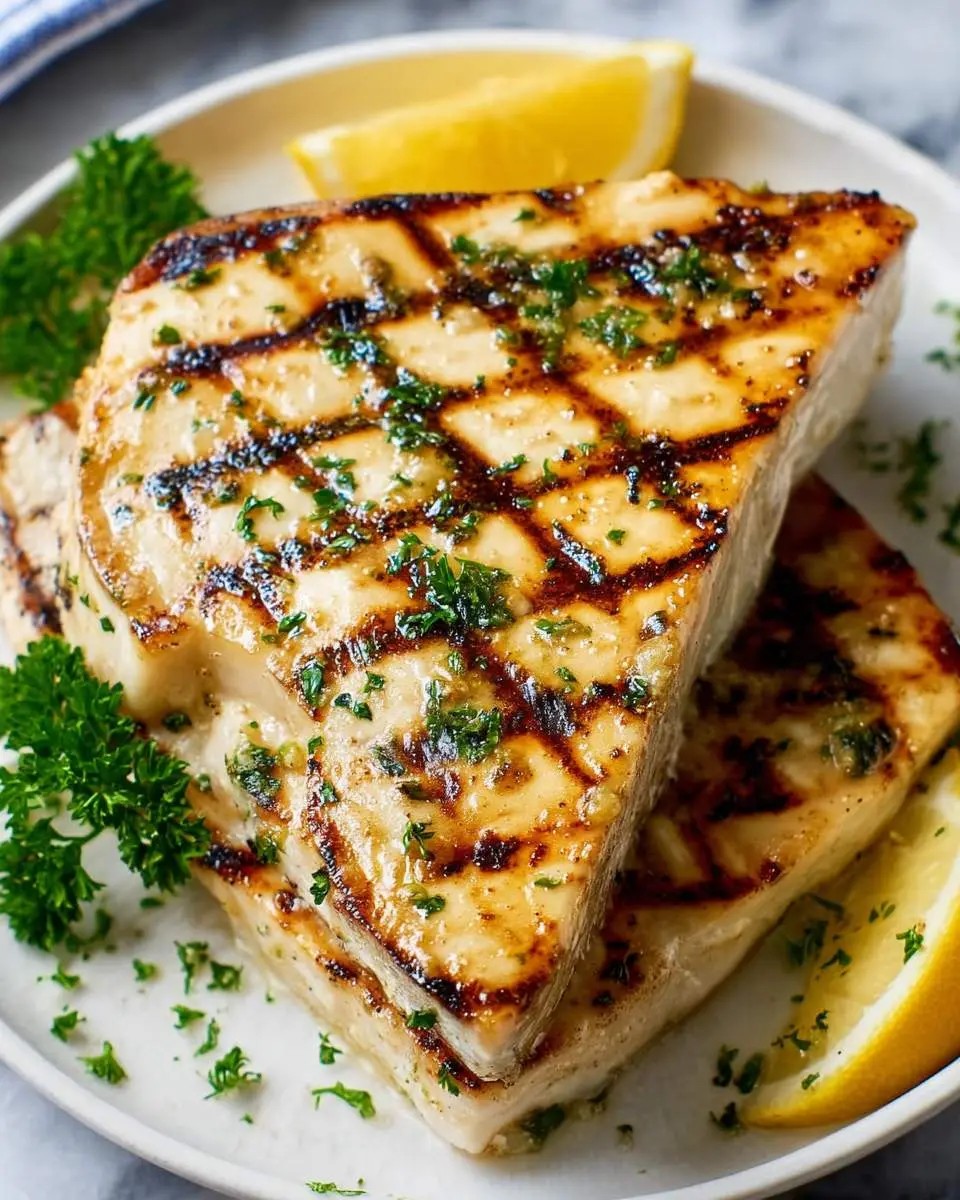 Two thick cuts of grilled swordfish with char marks, garnished with fresh herbs and lemon wedges on a white plate.