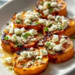 Golden roasted Honey Feta Sweet Potato Rounds topped with crumbled feta and fresh herbs on a white plate.