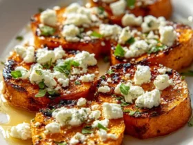 Golden roasted Honey Feta Sweet Potato Rounds topped with crumbled feta and fresh herbs on a white plate.