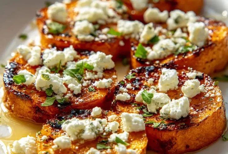 Golden roasted Honey Feta Sweet Potato Rounds topped with crumbled feta and fresh herbs on a white plate.