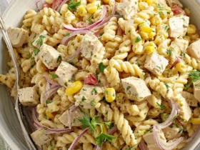 Honey mustard chicken pasta salad 44 Creamy honey mustard chicken pasta salad with rotini, corn, tomatoes, red onion, and fresh herbs in a large bowl with a serving spoon.