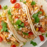 Three Instant Pot Chicken Tacos on a white plate topped with cilantro, tomatoes, corn, and onions.